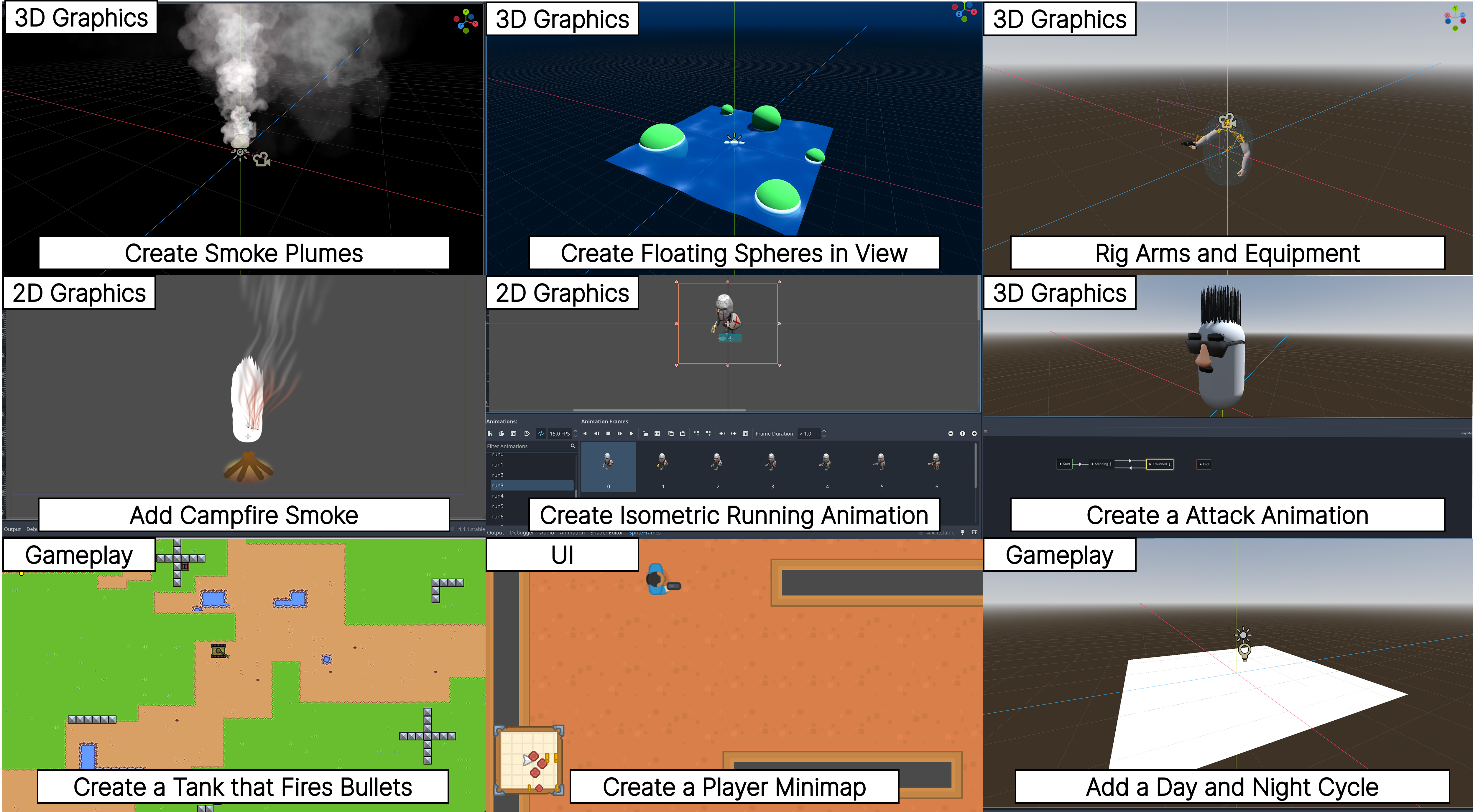 GameDevBench task examples across 3D Graphics, 2D Graphics, Gameplay, and UI categories